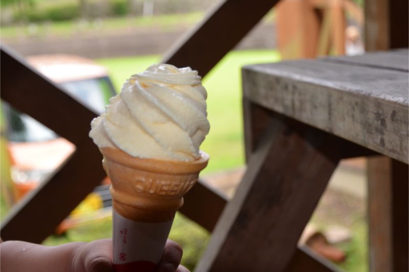 棚田親水公園のウッドデッキでソフトクリーム食べる